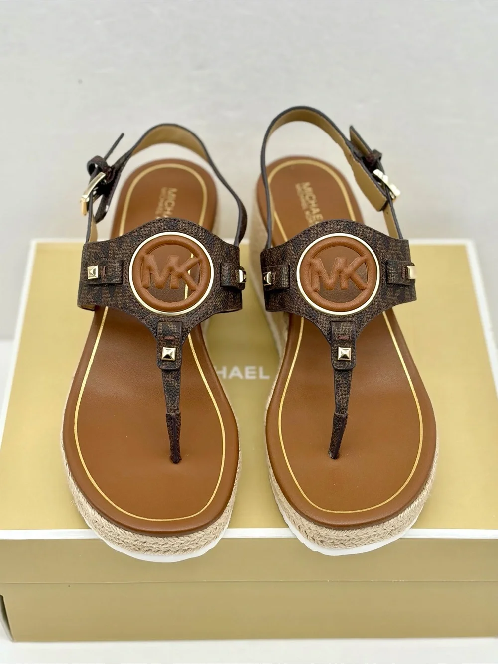 Michael Kors Aubrey Cutout Signature Logo Wedge Sandal Brown 7